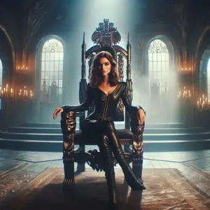 AI-generated image representing Femdom and Culture, showing an elegant dominant woman seated on a throne as a symbol of female power and authority.
