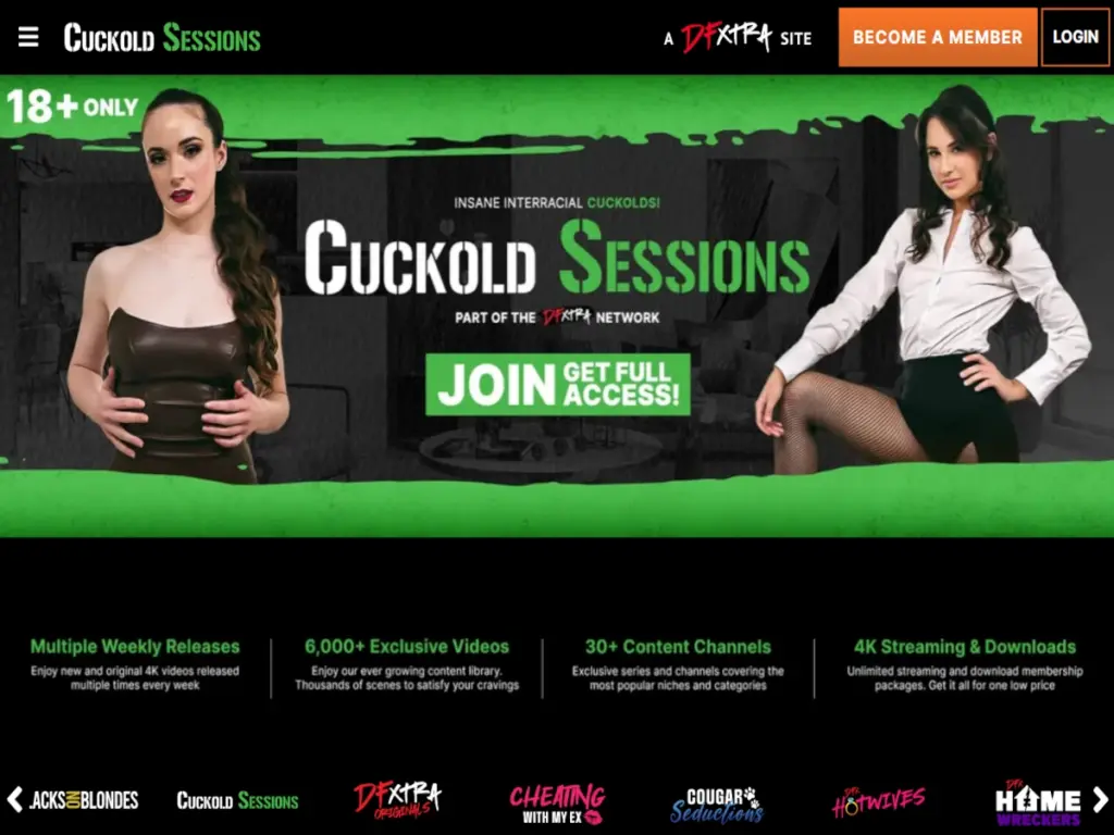 Cuckold Sessions website banner with two women and a green Join Get Full Access button.