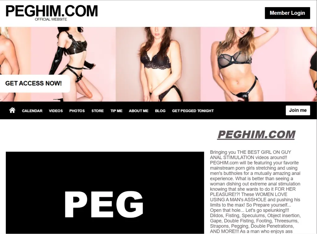 Peg Him website page with women in lingerie and navigation menu