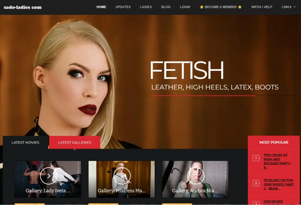 Sado‑ladies homepage banner showing a blonde model with bold makeup and the text “Fetish leather, high heels, latex, boots”, Sado‑ladies fetish site overview