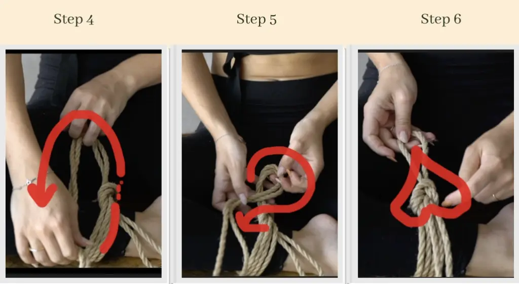 Step by step shibari knot tutorial showing hands tying rope with loop and tightening sequence.