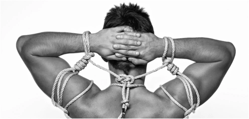 Shibari rope harness on upper body showing back and arms bound with structured rope pattern.