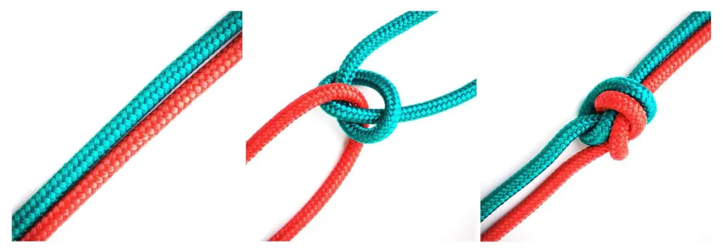 Overhand knot step by step with green and red ropes