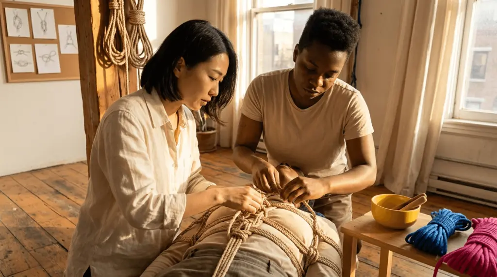 Shibari practice session showing two people tying rope on a person in a workshop setting.